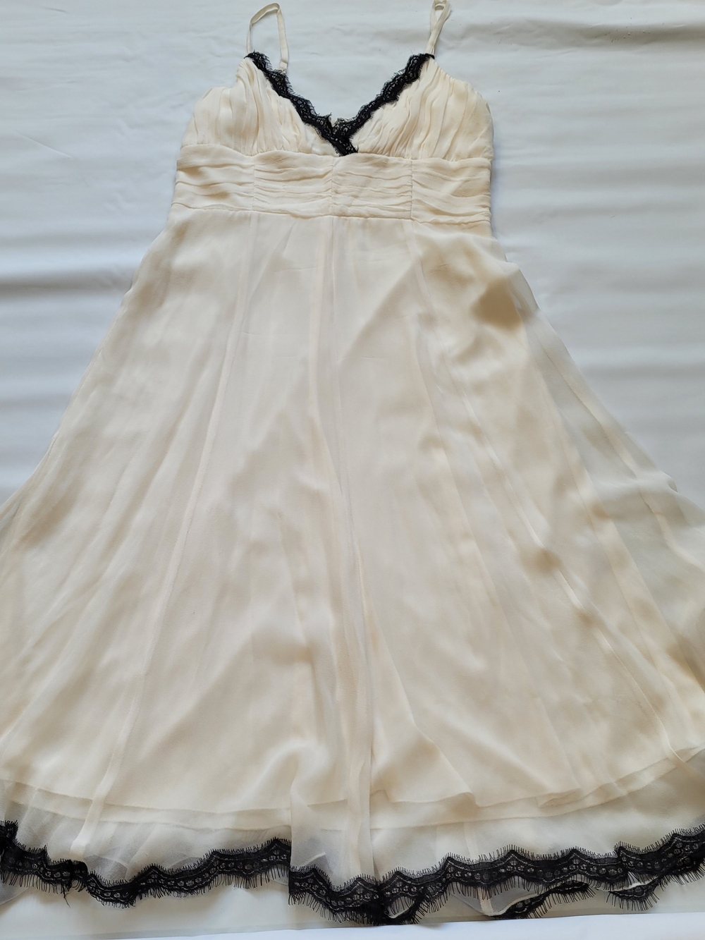 Cream Chiffon Silk Midi Dress with Black Lace Trim